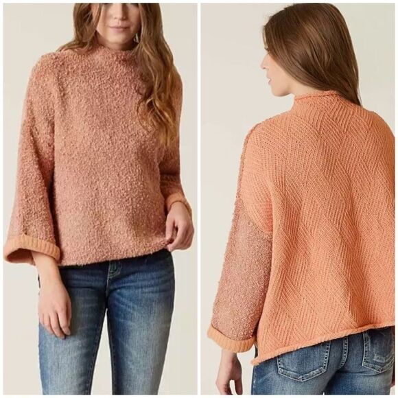 Free People Cuddle Up Peachy Pink Oversized Chunky Knit Mockneck Sweater - Picture 1 of 8
